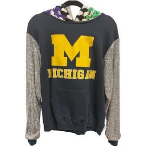 NEW OPD NEW YORK women's sweatshirt with sequin arms and crochet hood in navy/ye
